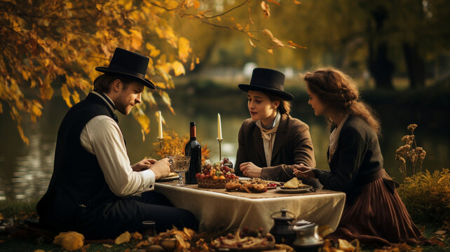 Group of friends or female having a picnic lunch in  the park during autumn