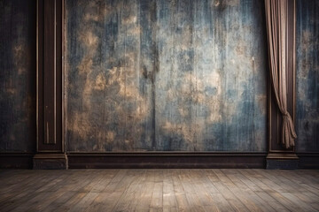 Alte Holzb&uuml;hne vor verwitterter Wand: Charaktervolle Kulisse f&uuml;r B&uuml;hnenauftritte - rustikales Ambiente mit abbl&auml;tternder Farbe - ai-generiert