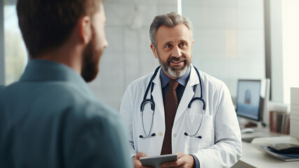 Doctor with clipboard talking to smiling patient at hospital or health clinic