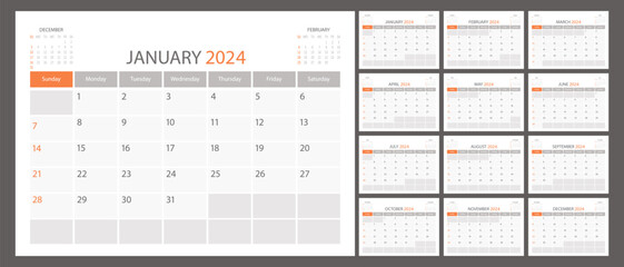Calendar planner 2024 vector schedule month calender, organizer template. Week starts on Sunday. Business personal page. Modern simple illustration - obrazy, fototapety, plakaty