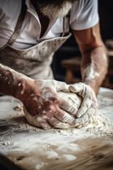 Ein erfahrener B&auml;cker knetet leidenschaftlich Teig - perfekte Aufnahme f&uuml;r Brot, Pizza und Backwaren, AI-Generiert