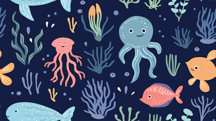 Underwater world pattern. Cartoon inhabitants of the ocean. Fish, jellyfish and starfish on the pattern.