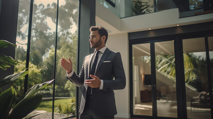 Handsome real estate agent wearing suit, giving tour through luxury home, concept of investing and home ownership - obrazy, fototapety, plakaty