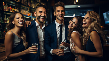 Group of friends smiling and drinking, having fun in bar or nightclub