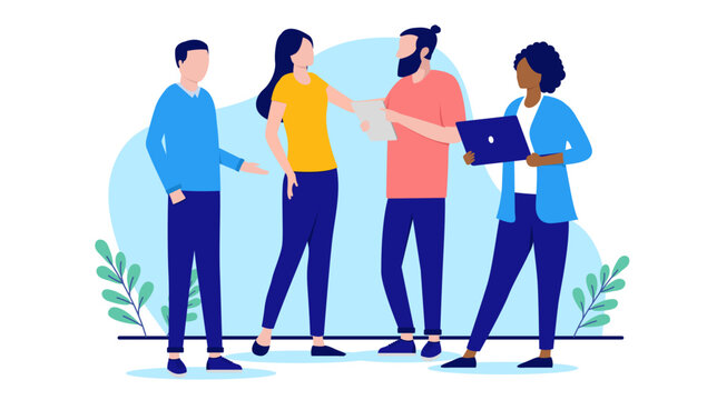 Group Of People Talking - Businesspeople In Office Having Conversation And Discussion Together Standing. Flat Design Vector Illustration With White Background