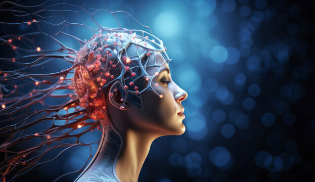 Faszinierendes Bild eines elektrisch aufgeladenen Cybergehirns - perfekte Darstellung von K&uuml;nstlicher Intelligenz und modernen Gedanken, AI-generiert