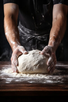 Ein erfahrener B&auml;cker knetet leidenschaftlich Teig - perfekte Aufnahme f&uuml;r Brot, Pizza und Backwaren, AI-Generiert