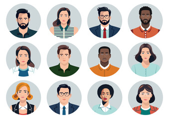 Vector people faces avatars collection - Set of illustrations with diverse people in various clothes and styles. Flat design in oval frame on white background