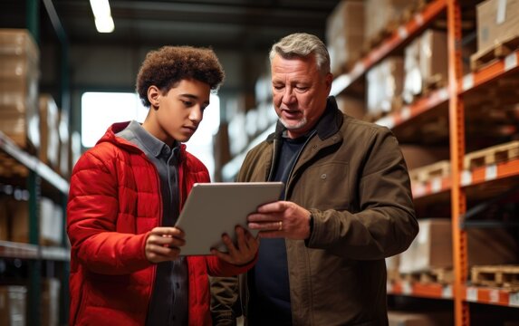 Mature warehouse logistics manager with a tablet in his hand shows a young worker a warehouse with shelves and boxes. Generative AI
