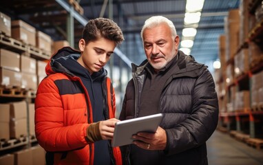 Mature warehouse logistics manager with a tablet in his hand shows a young worker a warehouse with shelves and boxes. Generative AI