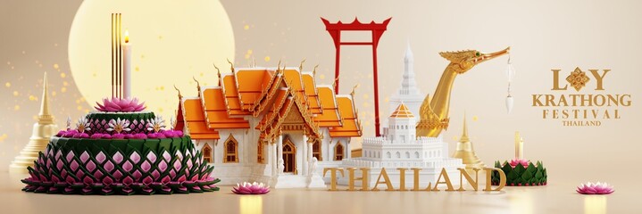 3d rendering illustration Loy Krathong festival  and Yi Peng festival in thailand  krathong from banana leaves, flowers, candles and incense sticks, fullmoon, river, and night background color.