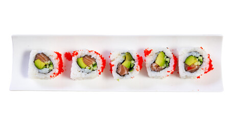 Sushi roll with red tobiko caviar on white plate. Japanese menu concept. Isolated over white...