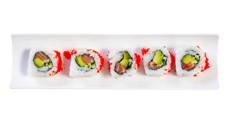Poster Sushi roll with red tobiko caviar on white plate. Japanese menu concept. Isolated over white background © JackF