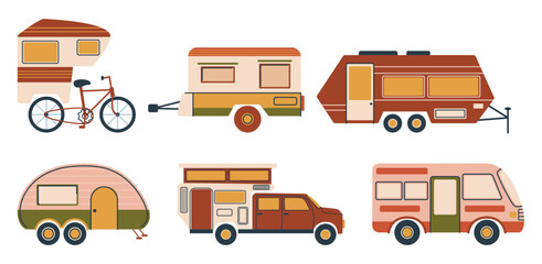 Camper Vans Set, Versatile Vehicles Equipped For Travel And Leisure. They Offer Compact Living Spaces With Amenities