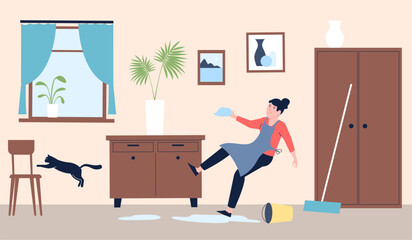 Home accident. Woman fell on floor, household injury. Female character trauma while cleaning. Clean house, washing floor recent vector scene