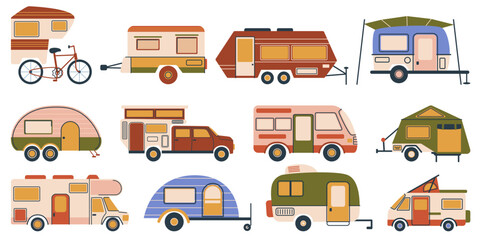 Set Of Camper Vans. Compact Vehicles For Travel And Living. They Combine Transportation And Accommodation, Vector