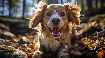 A candid moment of a Cavalier King Charles Spaniel with a happy smile, captured mid-bark while enjoying an outdoor adventure in the woods.