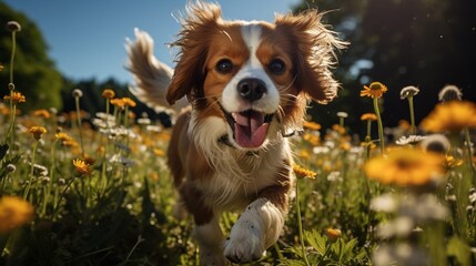 A candid shot capturing a Blenheim Cavalier King Charles Spaniel's joyful expression as it runs through a field of tall, swaying grass on a summer day.