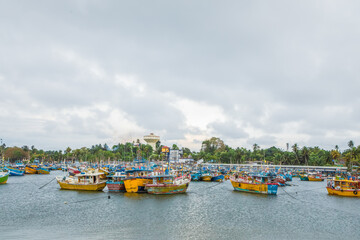 Fishing boats stand in Beruwala Harbour