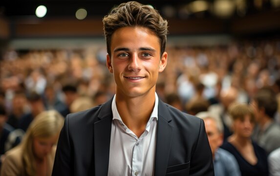 A leader speaker man delivering an engaging and dynamic presentation to an audience at the conference hall. Generative AI