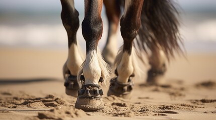 A close-up of a miniature horse's hooves as it gracefully prances on a sandy beach. - obrazy, fototapety, plakaty