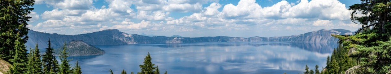 Panoramic view of Crater Lake and Wizard Island in Oregon 
