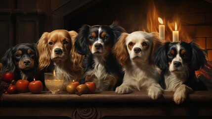 A group of Cavalier King Charles Spaniels gathered around a cozy fireplace, their contented expressions reflecting the warmth of the moment.
