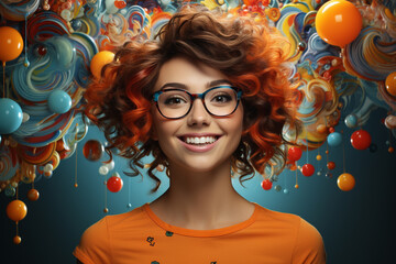 Excited happy young adult girl wearing glasses in front of an abstract colorful background - generative AI.