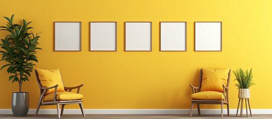 a light yellow modern interior flat with a single chair and a gallery wall template featuring 9 poster frames