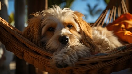 A Havanese Spaniel enjoying a peaceful nap in a hammock under the shade of palm trees.