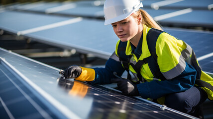 Female solar panel engineer installing or repairing solar panels, concept of sustainable development and technology - obrazy, fototapety, plakaty