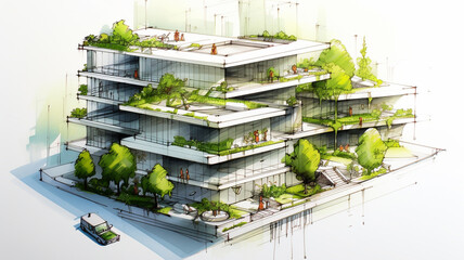 Urban planning architecture design sketch drawing style, business building with sustainable elements