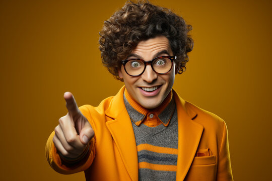 Fun goofy guy deliriously smiling and pointing on a gradated background - generative AI.
