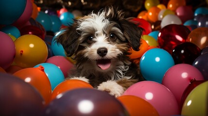 A Havanese Spaniel peeking out from behind colorful balloons at a lively birthday party.