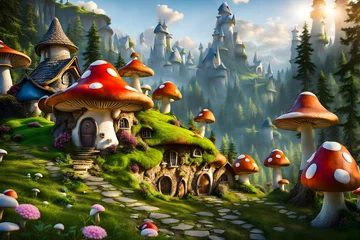 a fantasy style storybook fairytale tiny mushroom village surrounded by trees and mountains © Philip J Openshaw 