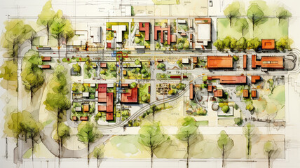 Urban planning sketch drawing, highlighting sustainable elements like green spaces, public transportation, and pedestrian zones