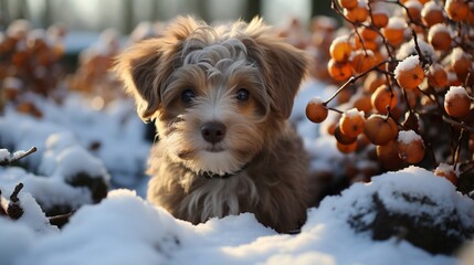 A Havanese Spaniel pup curiously exploring a snow-covered garden during winter.