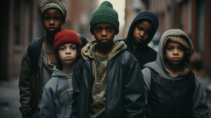 Group of hiphop rapper gangsters on the streets in urban neighbourhood - obrazy, fototapety, plakaty