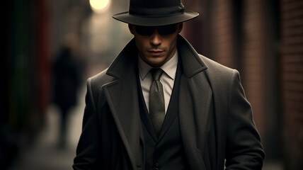 Male gangster or maffia member wearing suit and hat in the city streets next to car - obrazy, fototapety, plakaty