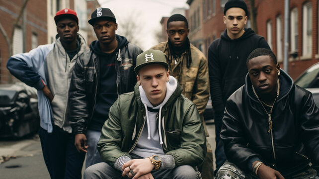 Group of hiphop rapper gangsters on the streets in urban neighbourhood