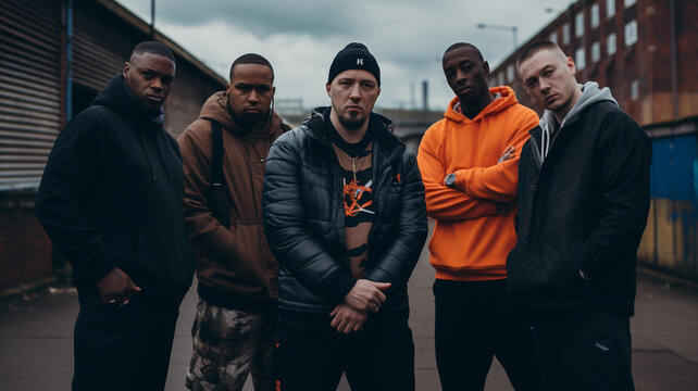Group of hiphop rapper gangsters on the streets in urban neighbourhood