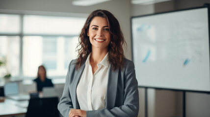 Obraz premium Female employee or supervisor inside office giving a business presentation in front of whiteboard
