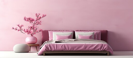 Bedroom interior design with minimal Muji influence featuring a vibrant magenta color scheme and Japandi inspired elements Rendered in