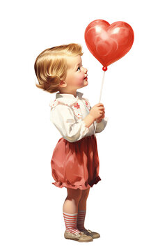 child licking valentines lollipop heart shape vintage illustration isolated on a transparent background, generative ai