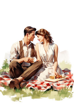 couple having picnic in the park checkered blanket vintage illustration isolated on a transparent background, generative ai