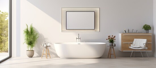 Fototapeta na wymiar a modern bathroom with double sink bathtub plants and stylish furniture on a terrazzo floor