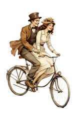 couple riding tandem bicycle built for two vintage illustration isolated on a transparent background, generative ai