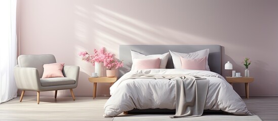 Chic feminine bedroom with soft bedsheets and gray armchair - obrazy, fototapety, plakaty