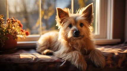 A Norwich Terrier perched on a window sill, bathed in soft morning light.