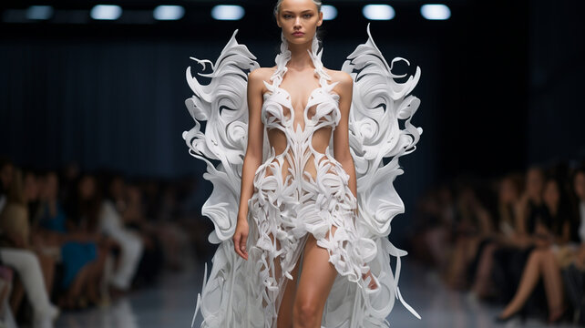 Elegant beautiful model walking on catwalk runway posing for fashion show